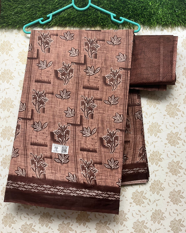 Daily Wear Printed Cotton Saree with Brown Colour