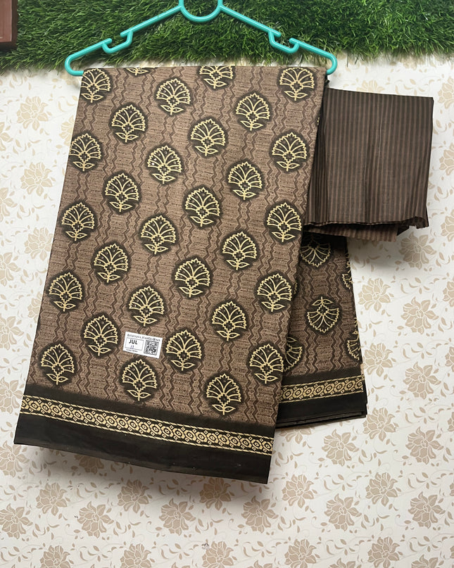 Daily Wear Printed Cotton Saree with Brown Colour
