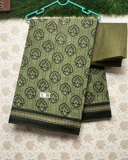 Daily Wear Printed Cotton Saree with Green Colour