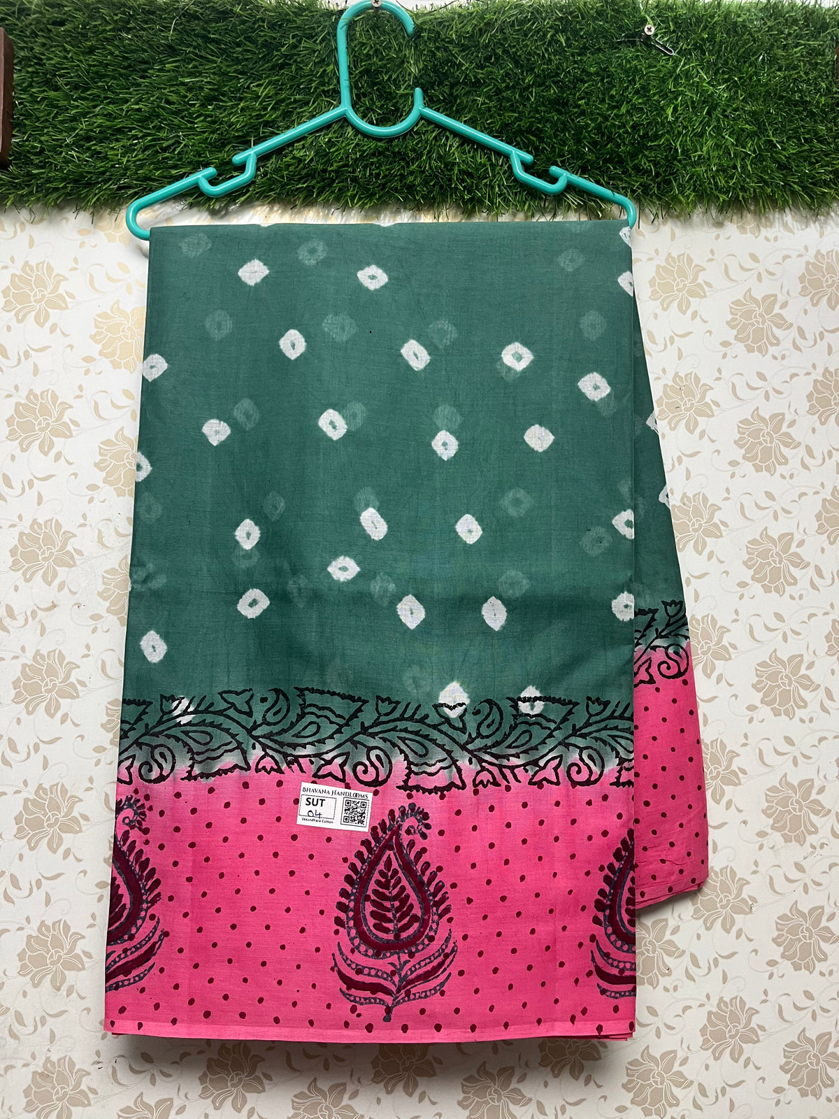 Vasundhara 100count Printed Cotton Saree with Sea Green colour