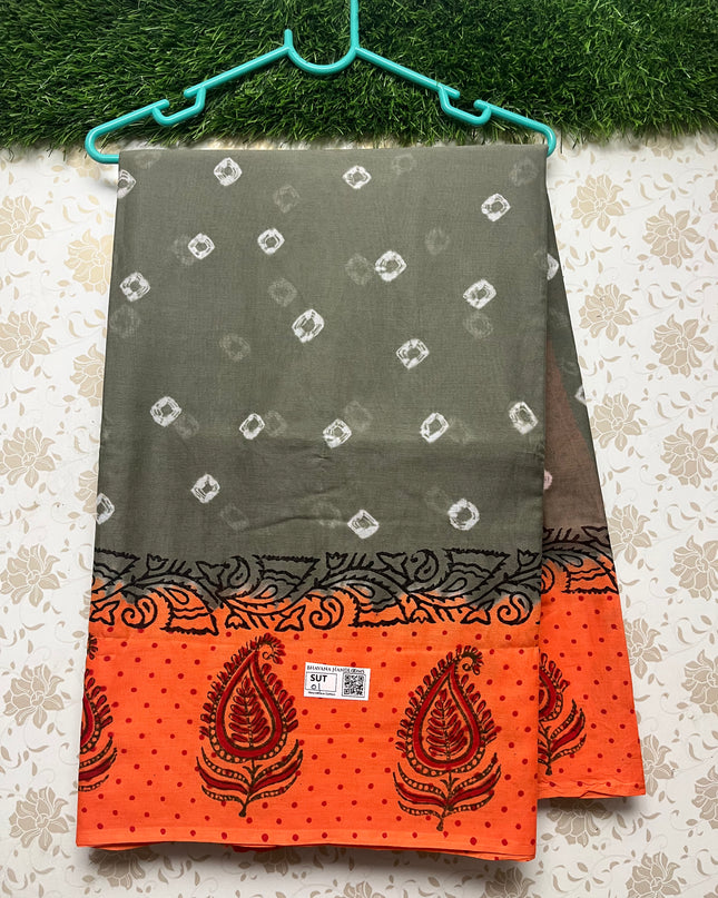 Vasundhara 100count Printed Cotton Saree with Gray colour