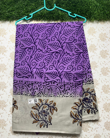 Vasundhara 100count Printed Cotton Saree with Violet colour