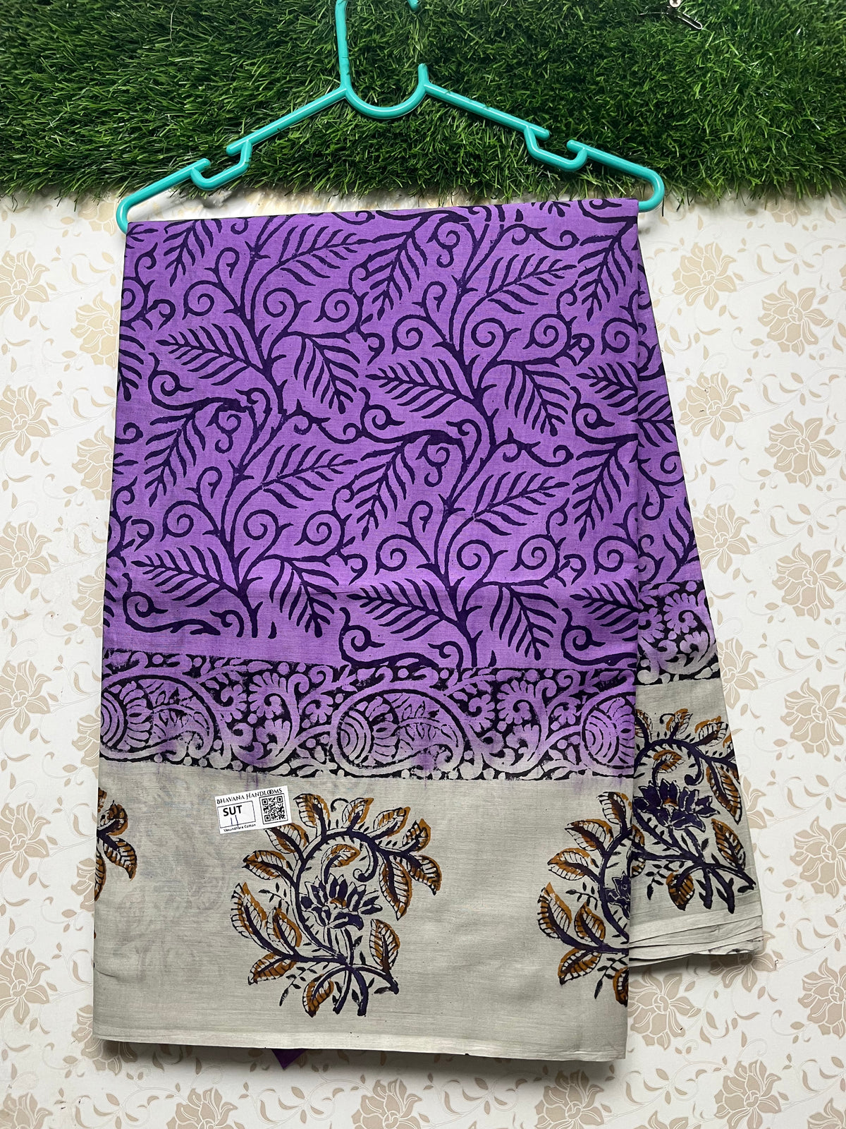 Vasundhara 100count Printed Cotton Saree with Violet colour