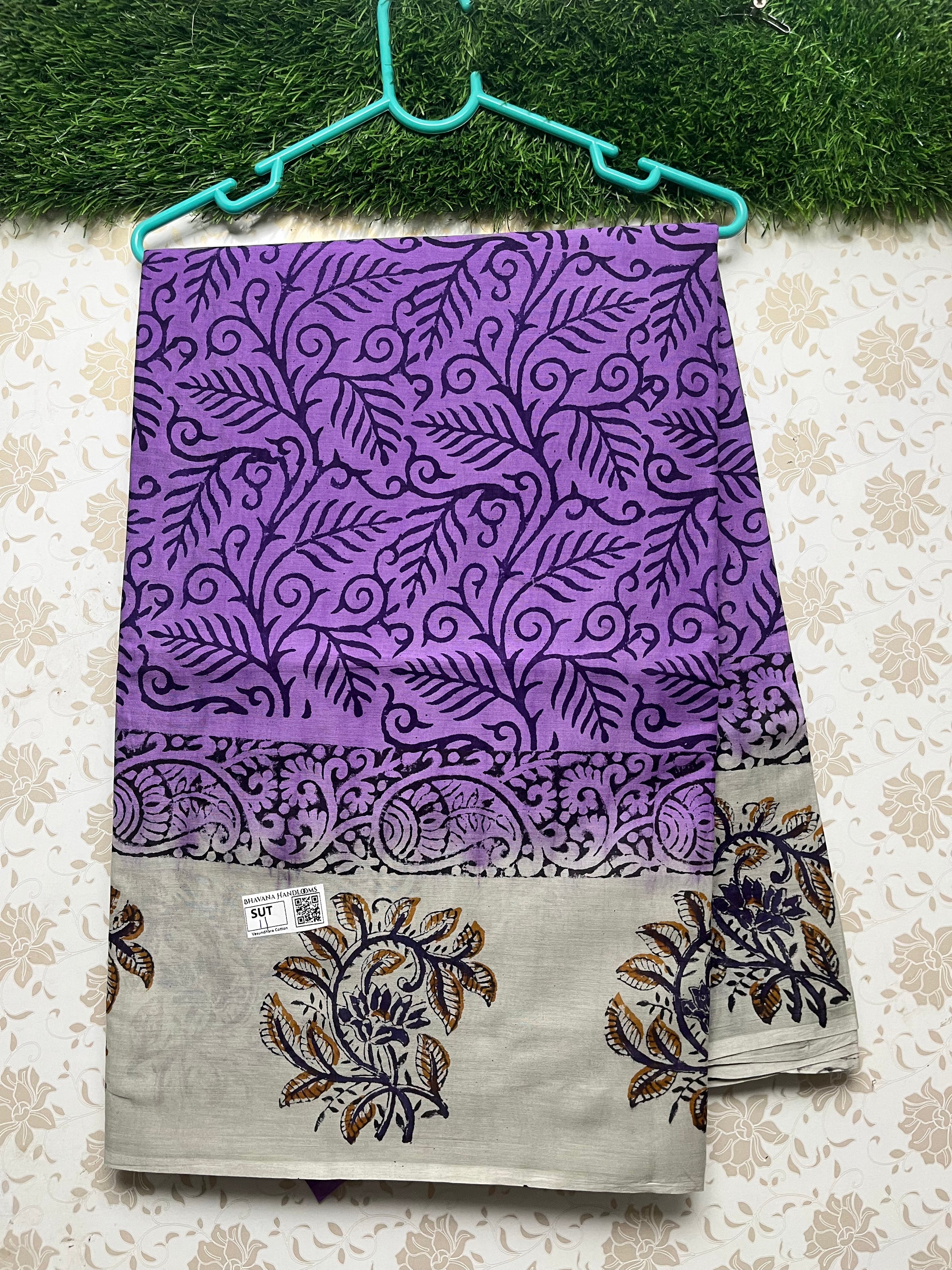 Vasundhara 100count Printed Cotton Saree with Violet colour