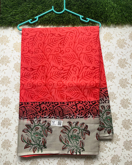 Vasundhara 100count Printed Cotton Saree with Pink colour