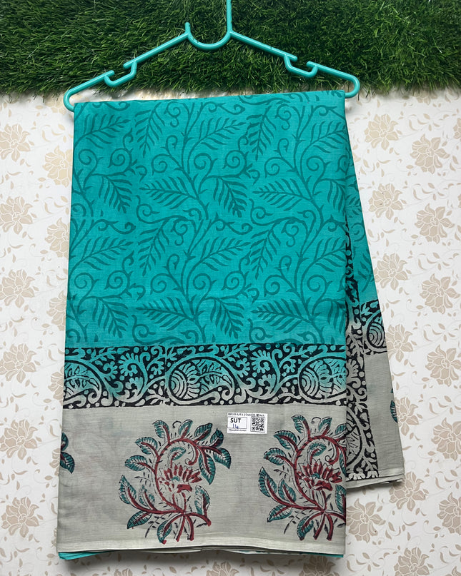 Vasundhara 100count Printed Cotton Saree with Sea Blue colour
