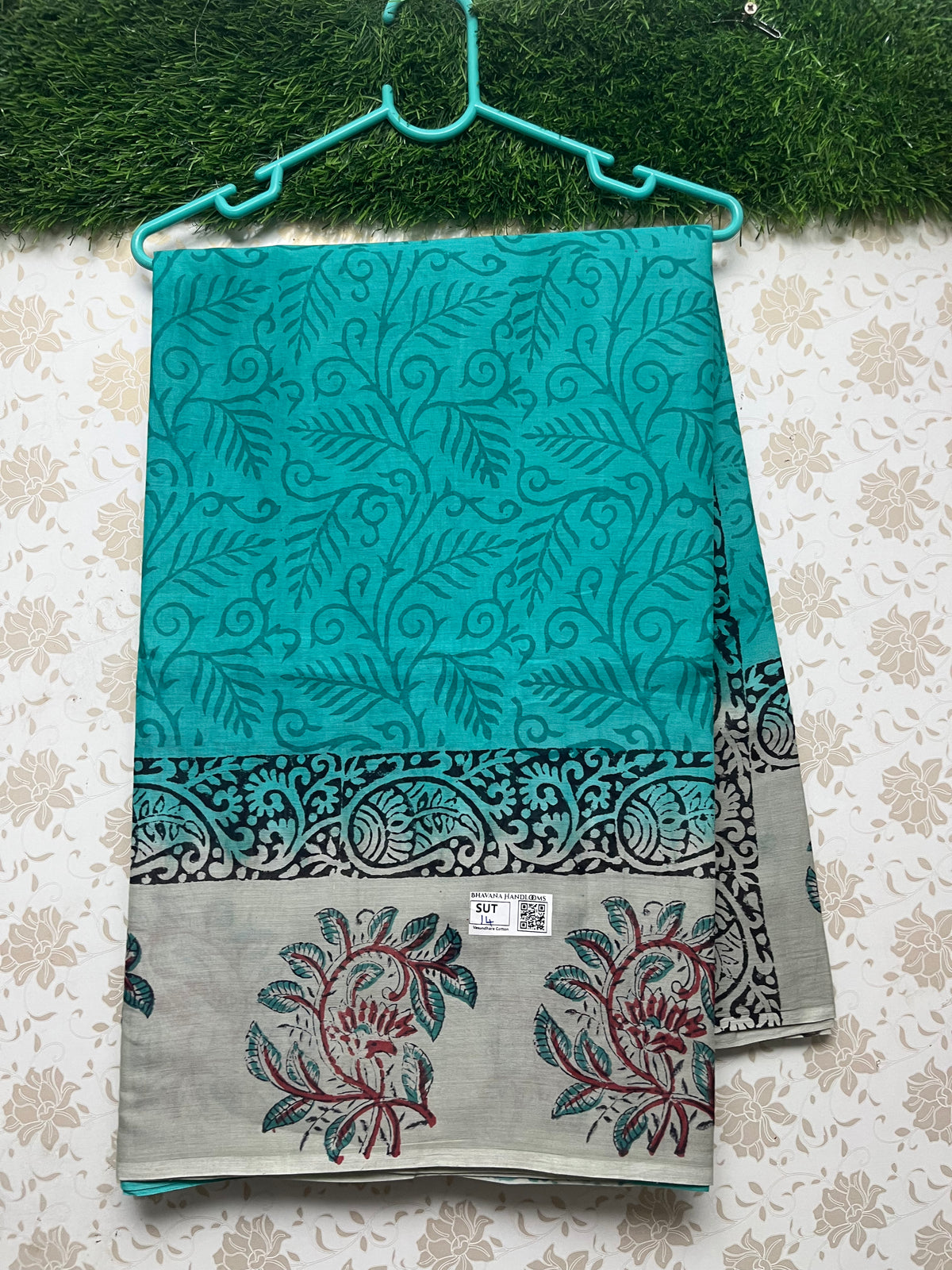 Vasundhara 100count Printed Cotton Saree with Sea Blue colour