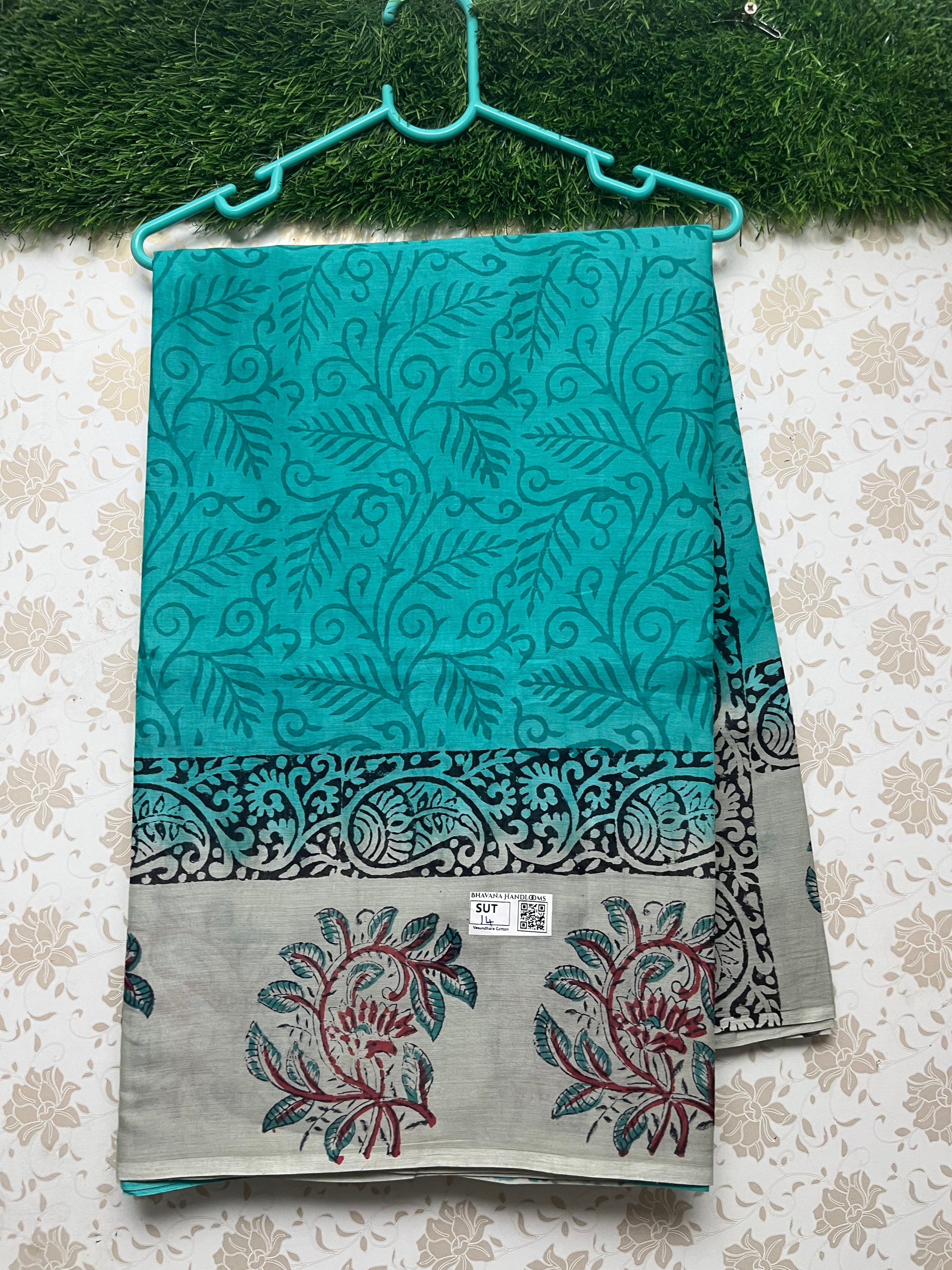 Vasundhara 100count Printed Cotton Saree with Sea Blue colour