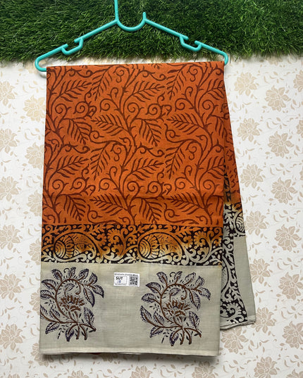 Vasundhara 100count Printed Cotton Saree with Brick colour