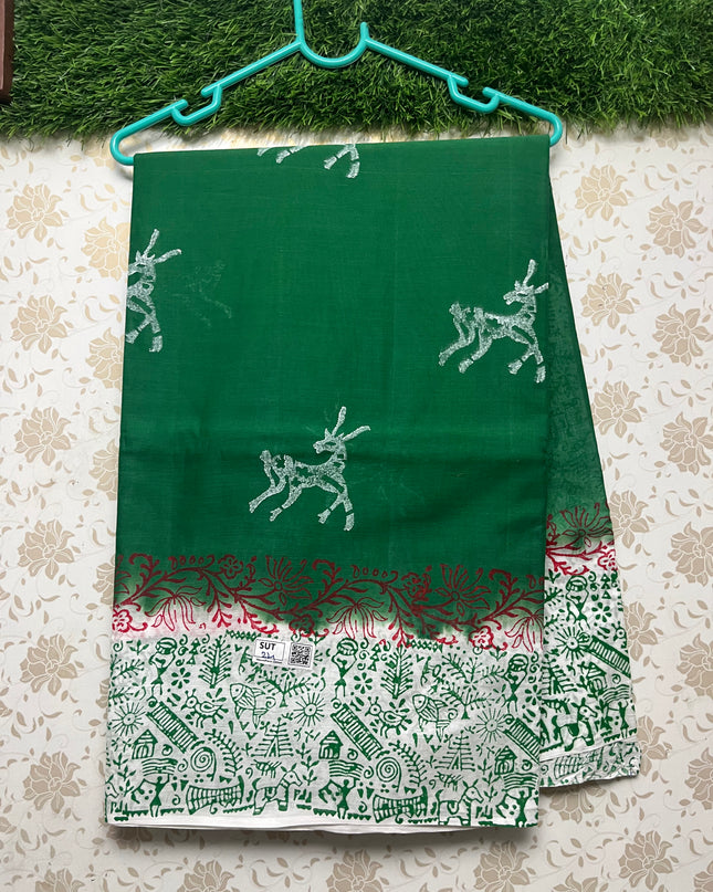 Vasundhara 100count Printed Cotton Saree with Sea Green colour