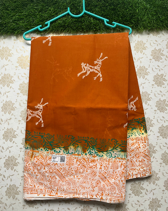 Vasundhara 100count Printed Cotton Saree with Musturd colour