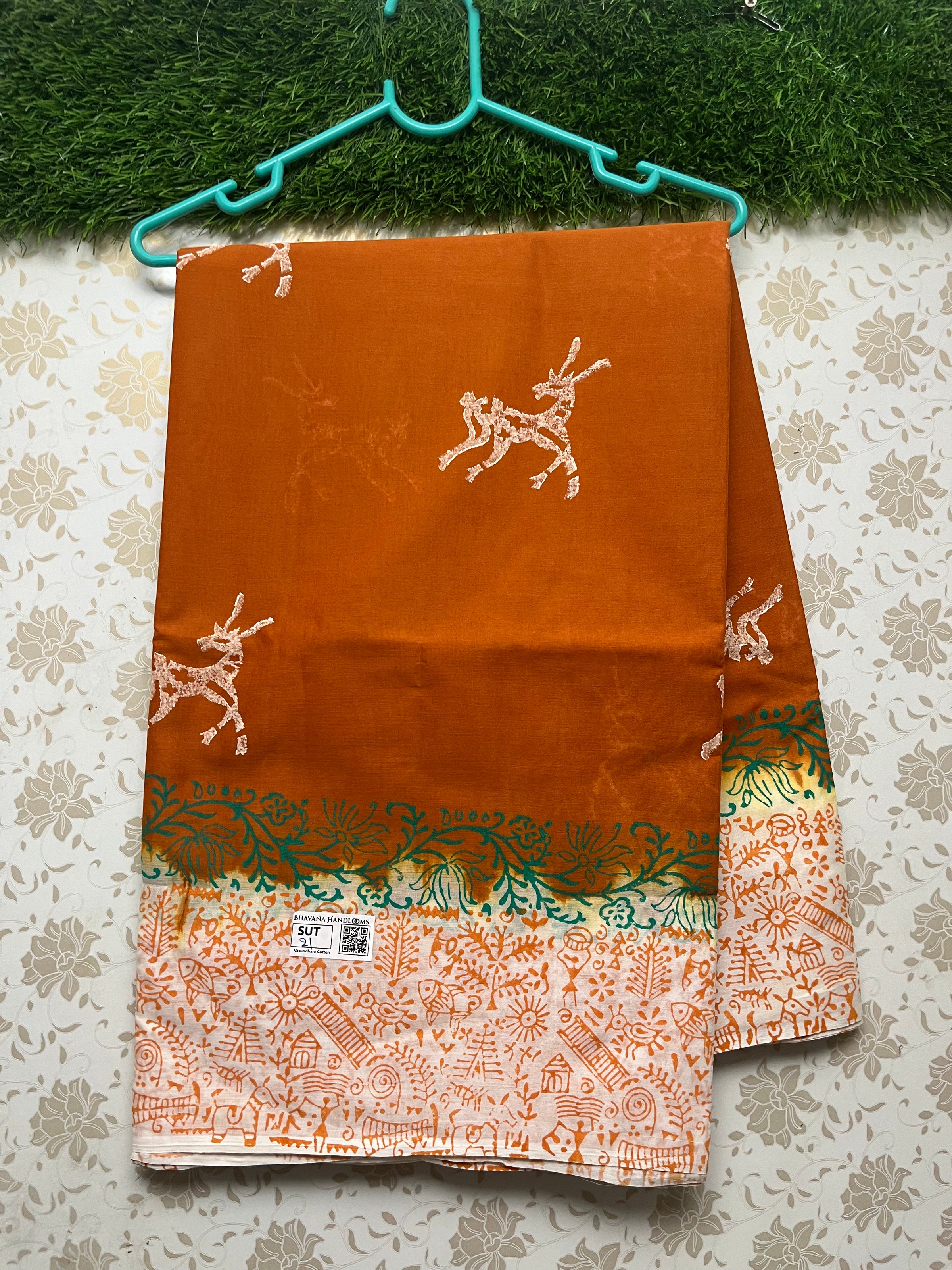Vasundhara 100count Printed Cotton Saree with Musturd colour