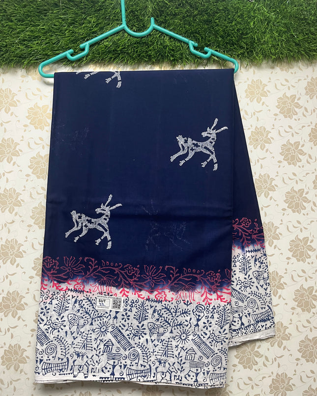Vasundhara 100count Printed Cotton Saree with Navy Blue colour