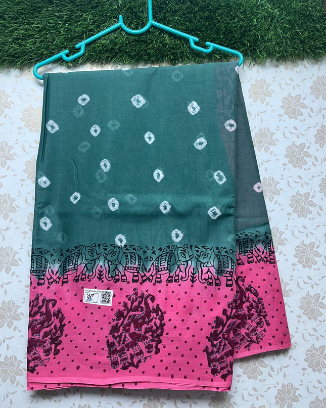 Vasundhara 100count Printed Cotton Saree with Sea blue colour