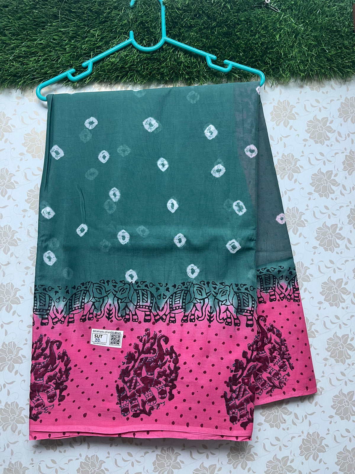Vasundhara 100count Printed Cotton Saree with Sea blue colour