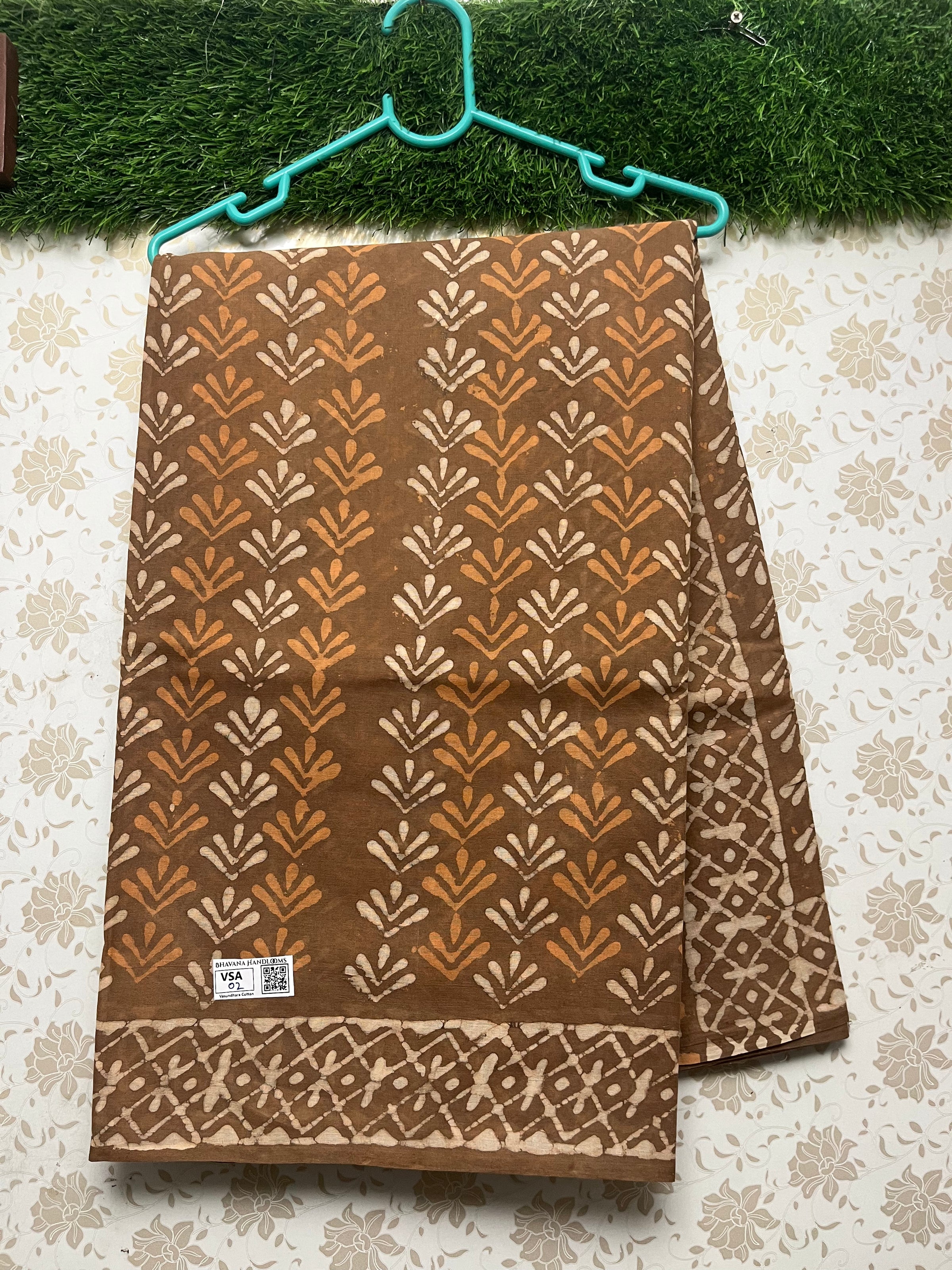 Vasundhara 120count Printed Cotton Saree with Brown colour
