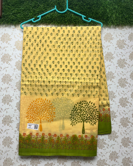 Vasundhara 100count Printed Cotton Saree with Yellow colour