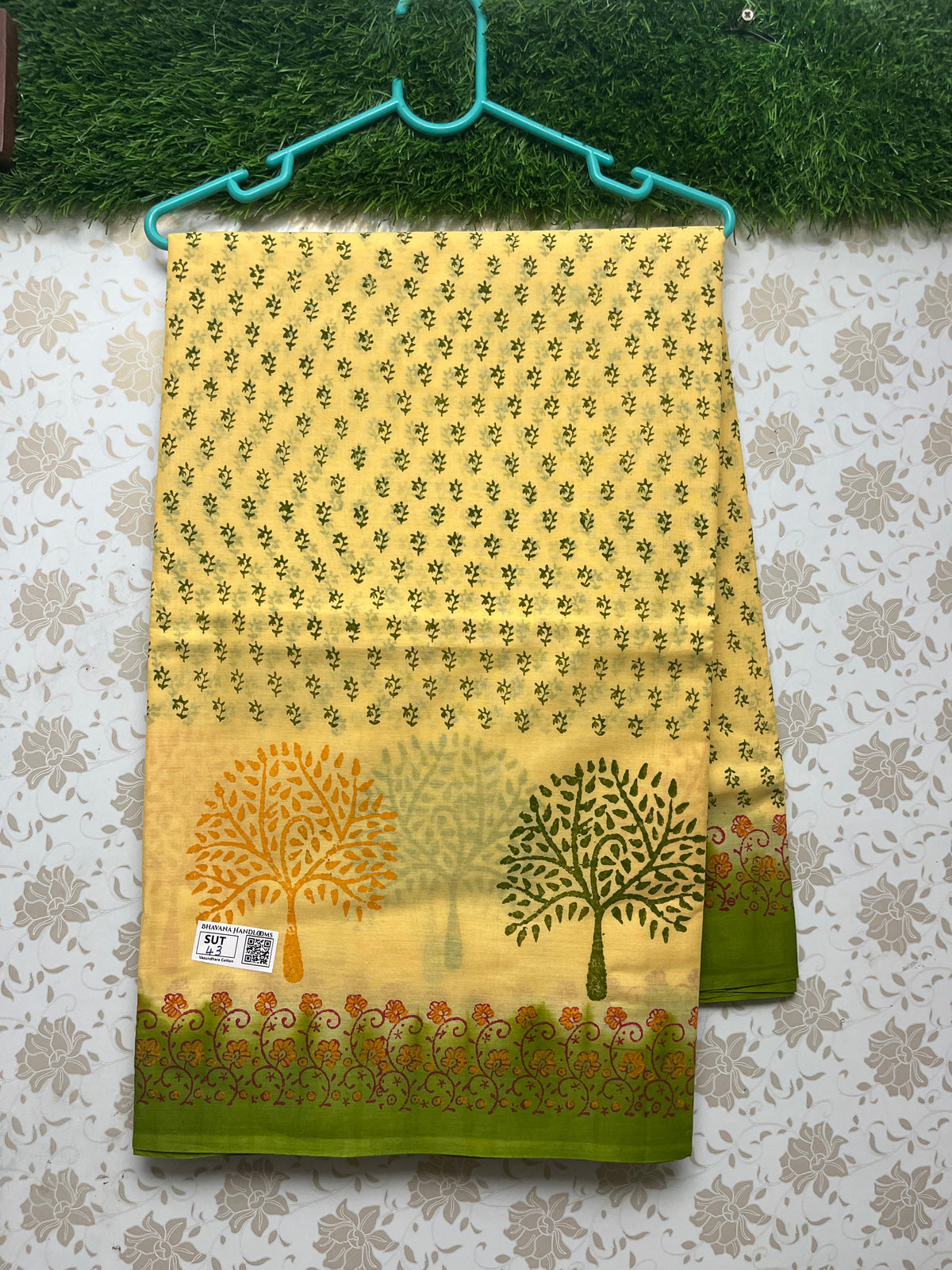 Vasundhara 100count Printed Cotton Saree with Yellow colour