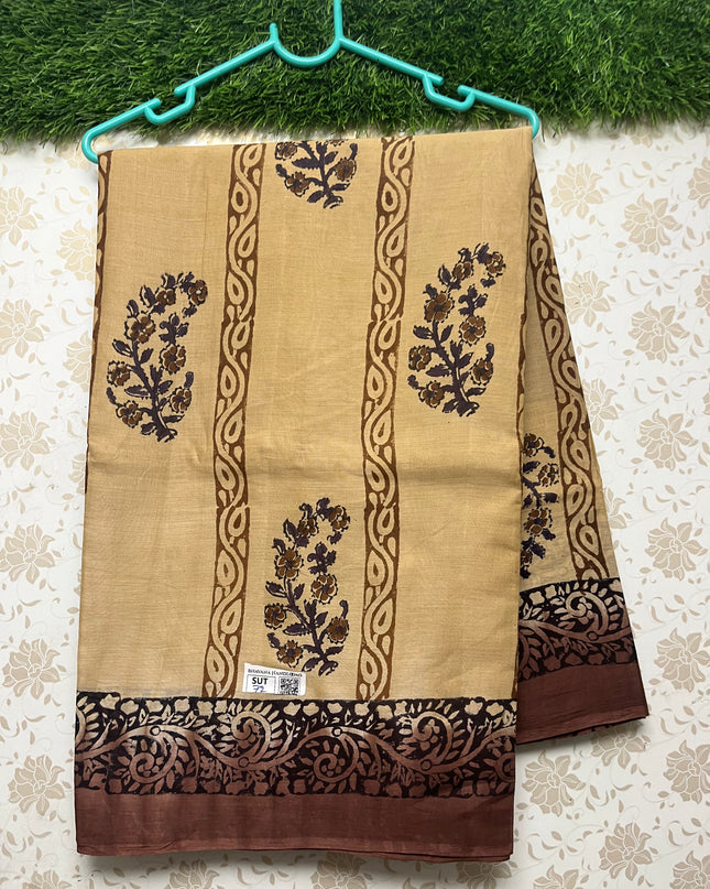 Vasundhara 100count Printed Cotton Saree with brown colour