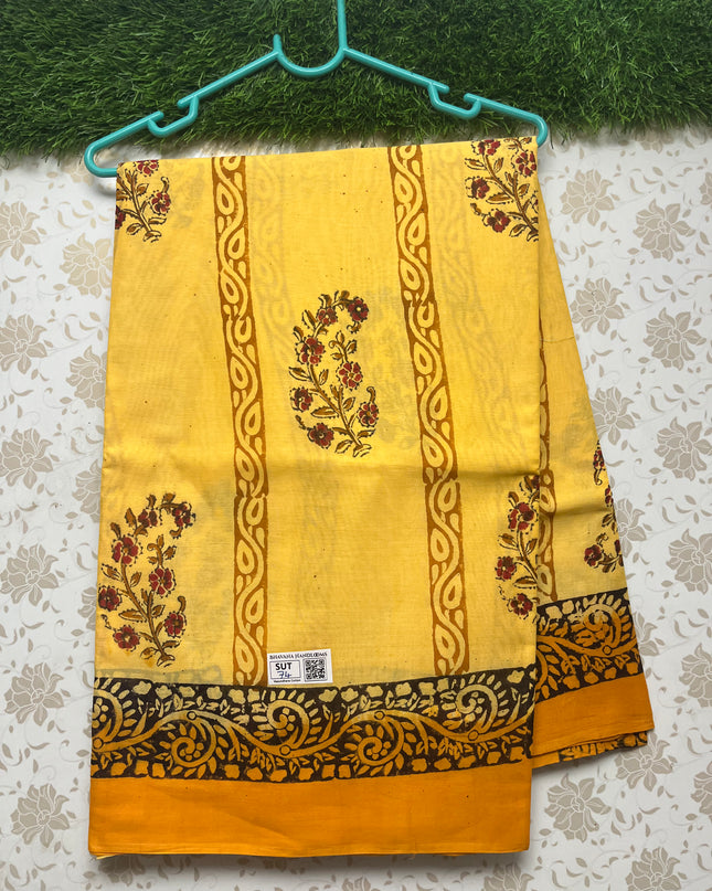 Vasundhara 100count Printed Cotton Saree with Yellow colour