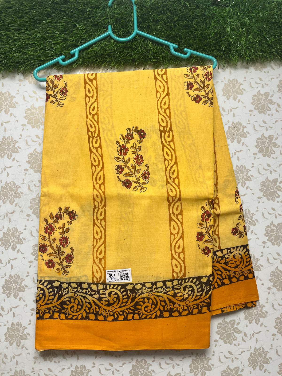 Vasundhara 100count Printed Cotton Saree with Yellow colour