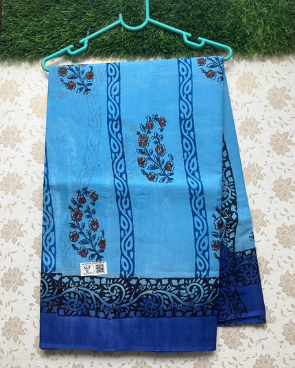 Vasundhara 100count Printed Cotton Saree with Sky Blue colour