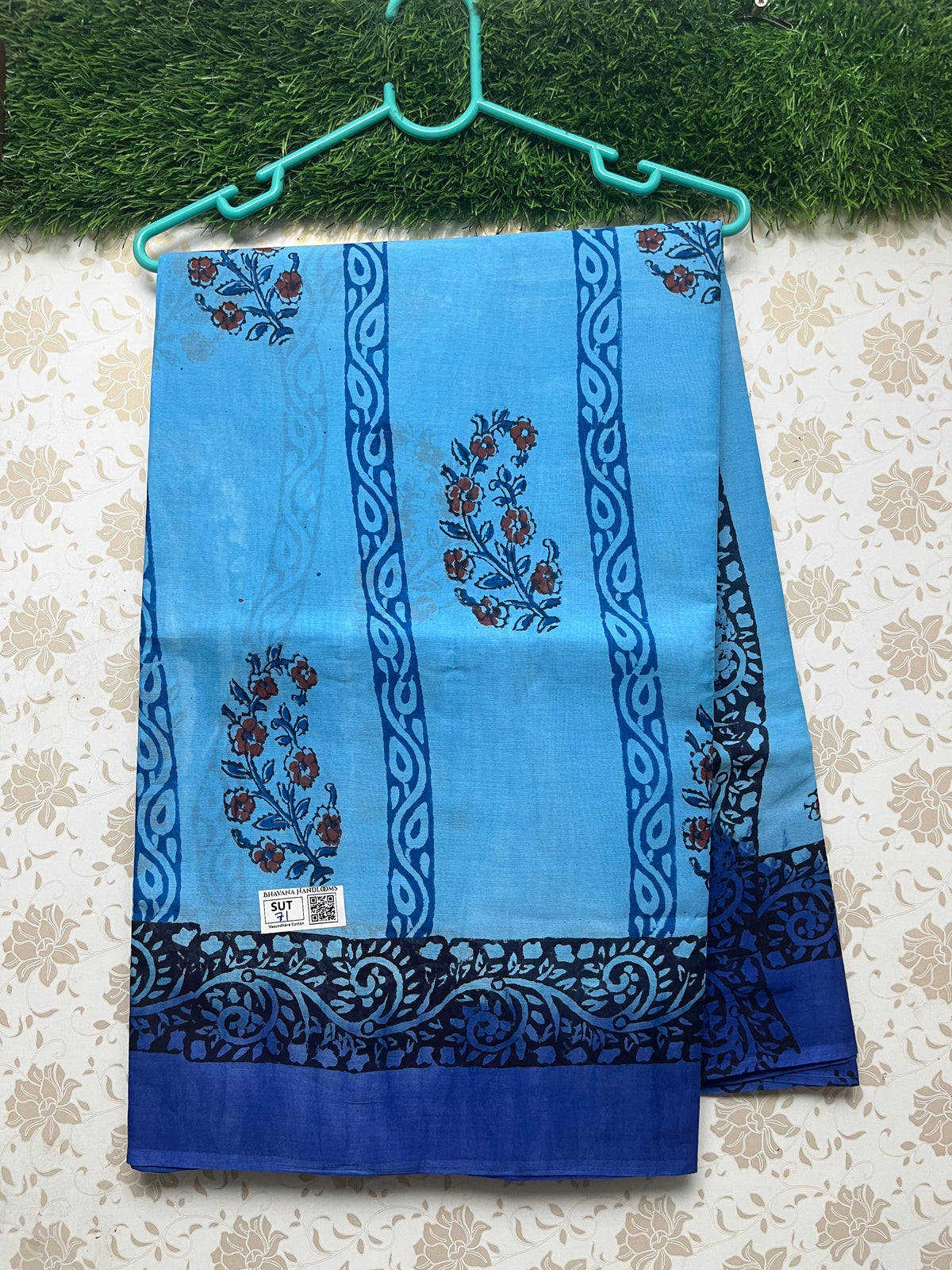 Vasundhara 100count Printed Cotton Saree with Sky Blue colour