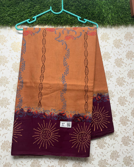 Vasundhara 100count Printed Cotton Saree with Brown colour