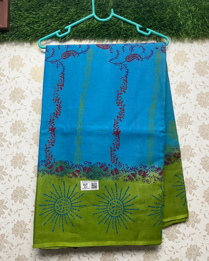 Vasundhara 100count Printed Cotton Saree with Sky Blue colour