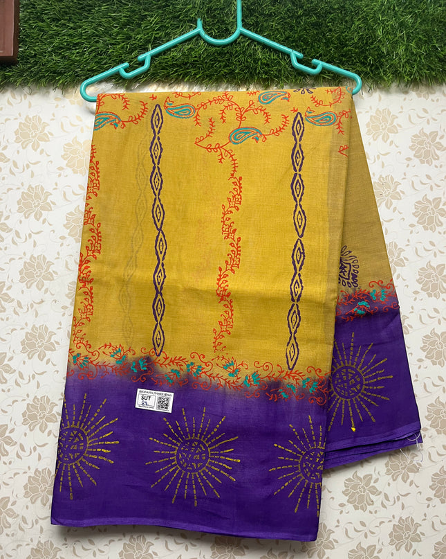 Vasundhara 100count Printed Cotton Saree with Menthi Green colour