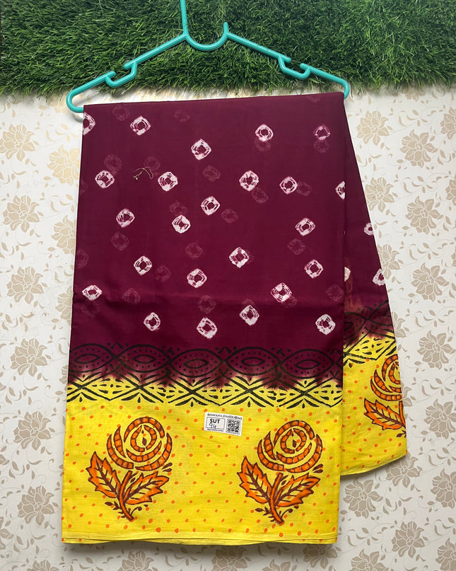 Vasundhara 100count Printed Cotton Saree with Dark Maroon colour
