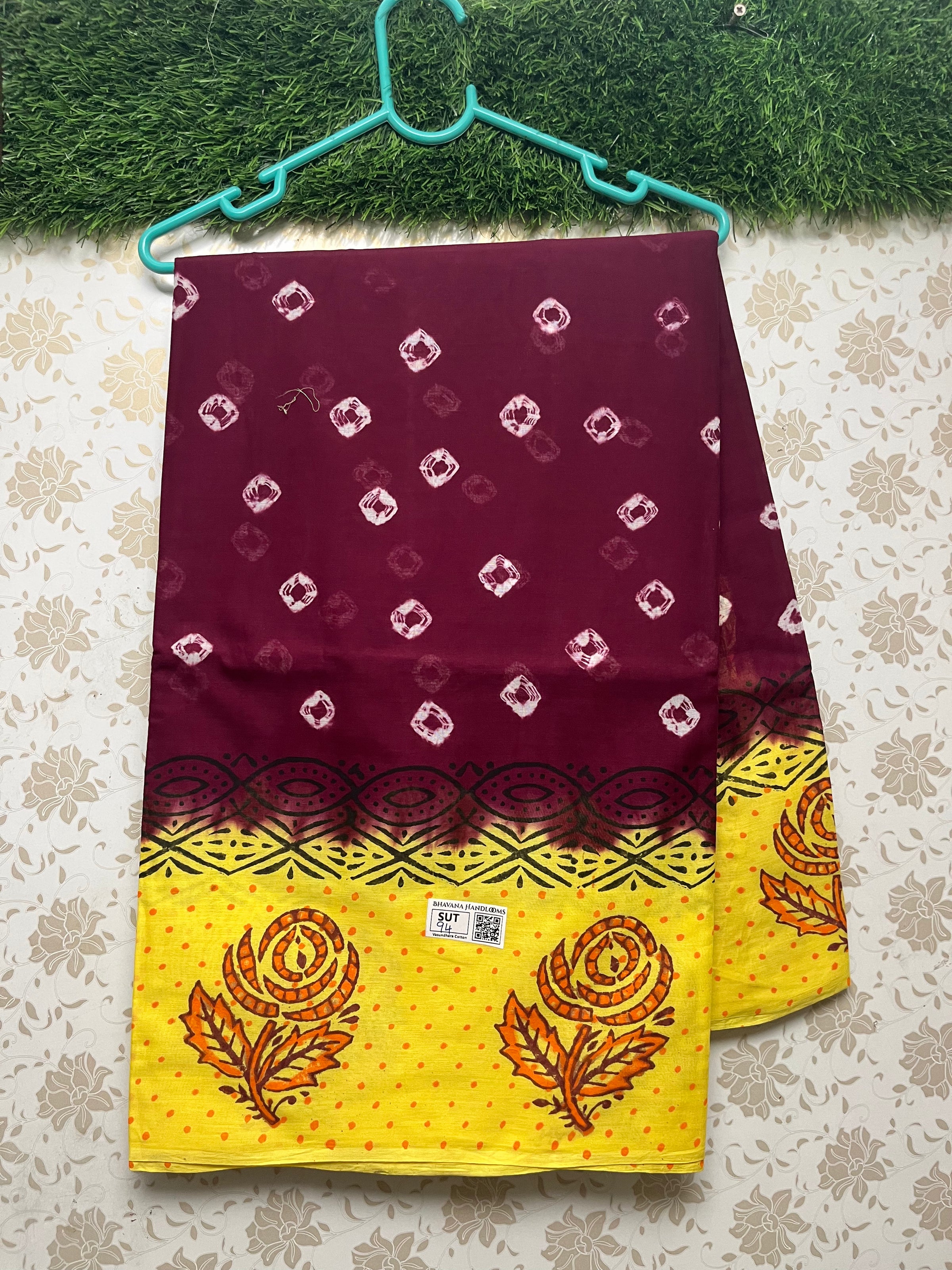 Vasundhara 100count Printed Cotton Saree with Dark Maroon colour