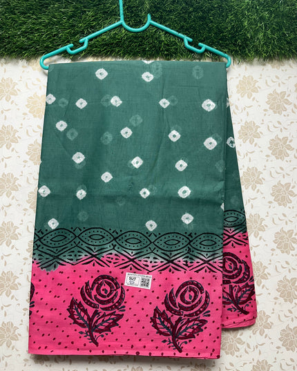 Vasundhara 100count Printed Cotton Saree with Dark Green colour