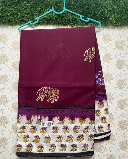 Vasundhara 120count Printed Cotton Saree with Chocolate colour