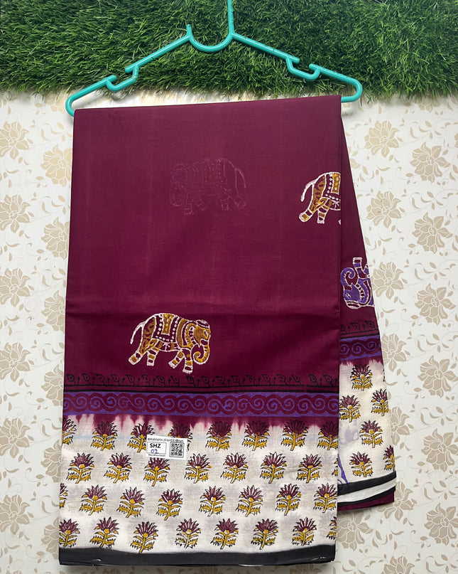 Vasundhara 120count Printed Cotton Saree with Chocolate colour