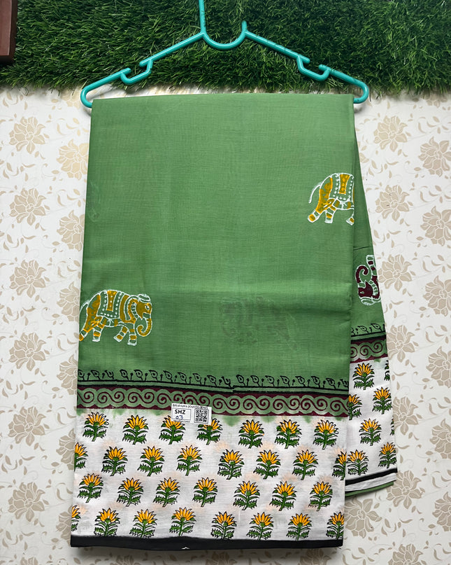 Vasundhara 120count Printed Cotton Saree with Green colour