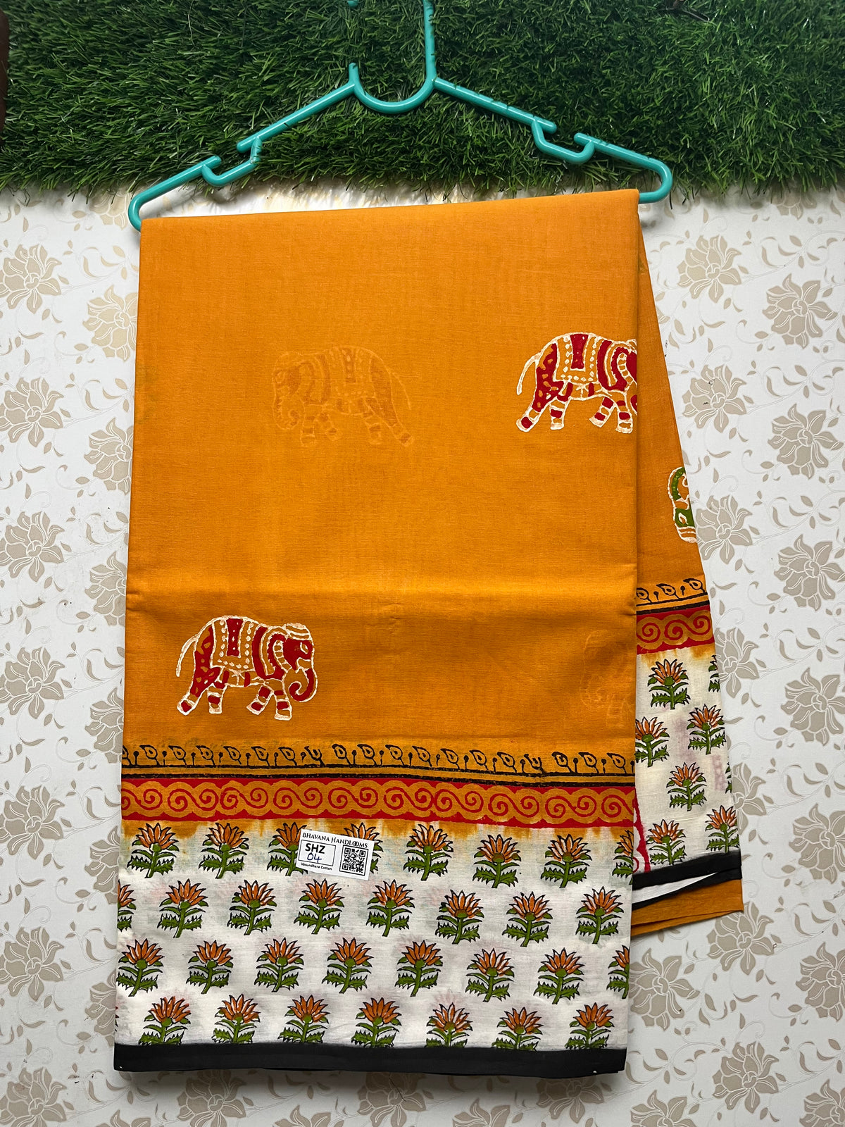 Vasundhara 120count Printed Cotton Saree with Yellow colour