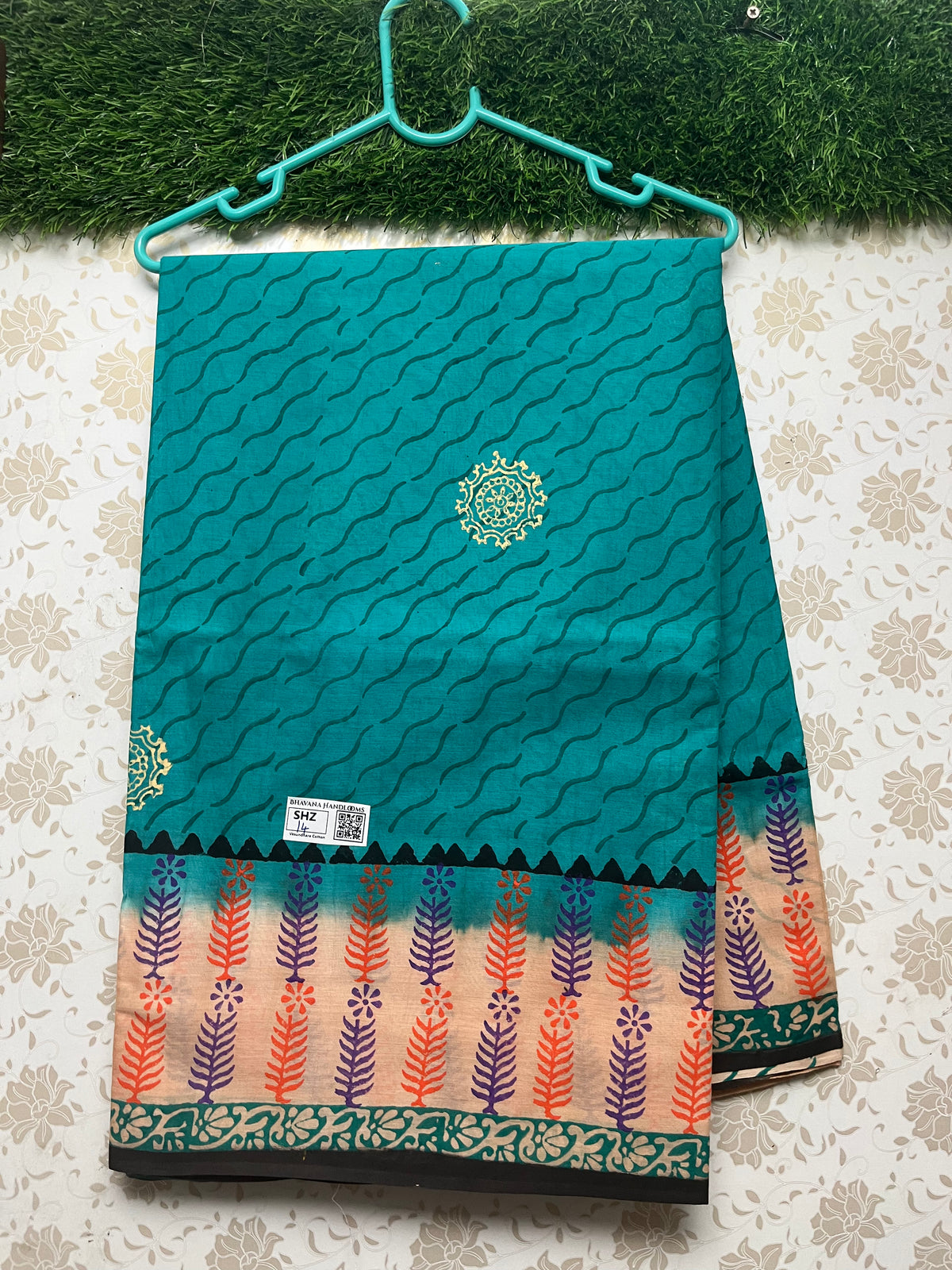 Vasundhara 120count Printed Cotton Saree with Cyan colour