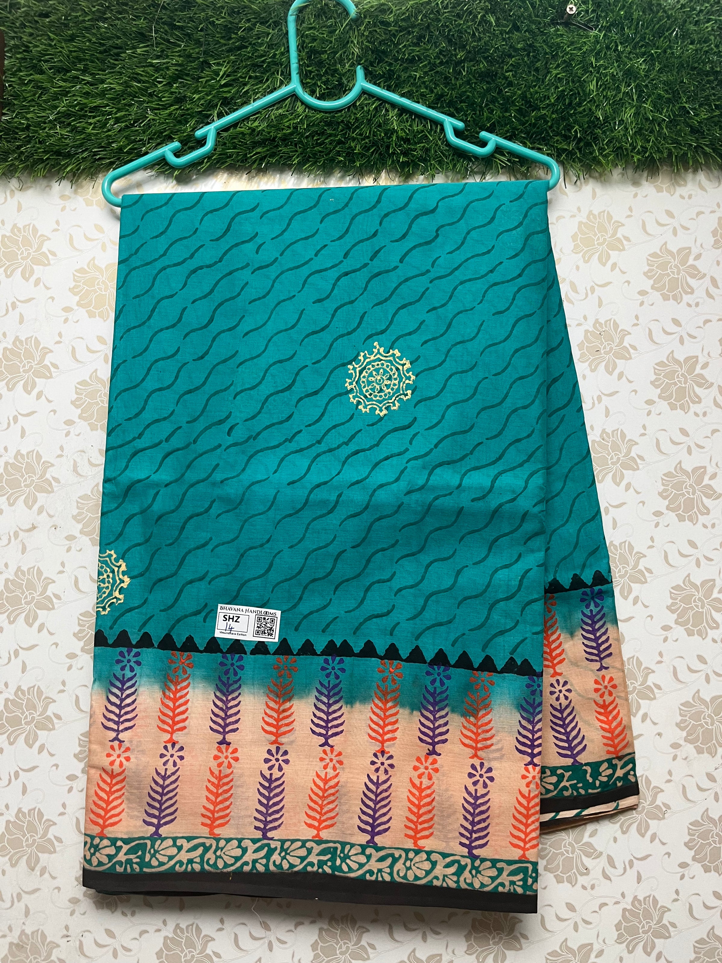 Vasundhara 120count Printed Cotton Saree with Cyan colour