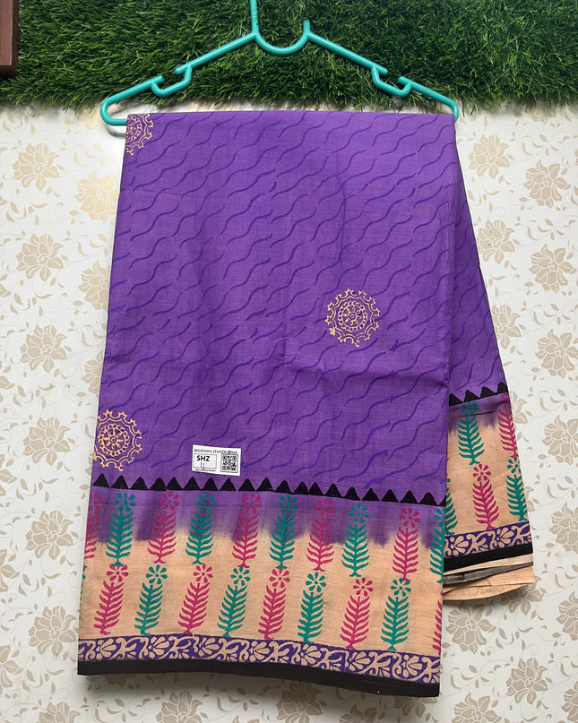 Vasundhara 120count Printed Cotton Saree with Violet colour