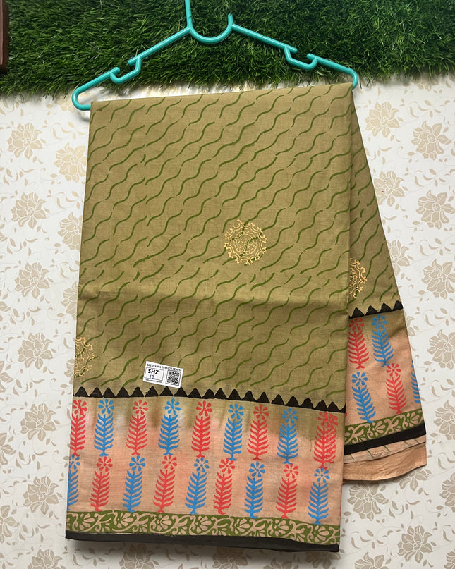 Vasundhara 120count Printed Cotton Saree with Light Brown colour