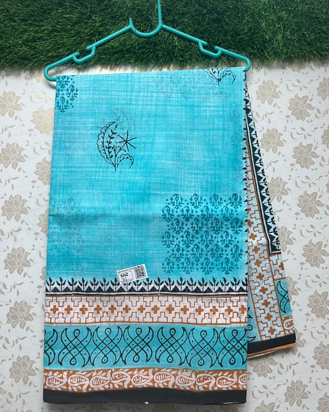 Vasundhara 120count Printed Cotton Saree with Cyan colour