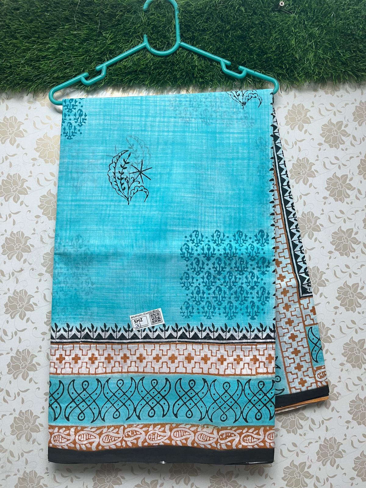 Vasundhara 120count Printed Cotton Saree with Cyan colour