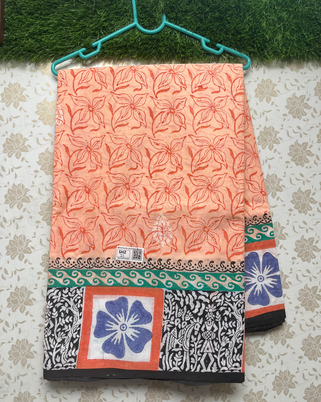 Vasundhara 120count Printed Cotton Saree with Orange colour