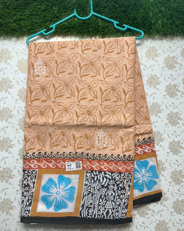 Vasundhara 120count Printed Cotton Saree with Biscuit colour