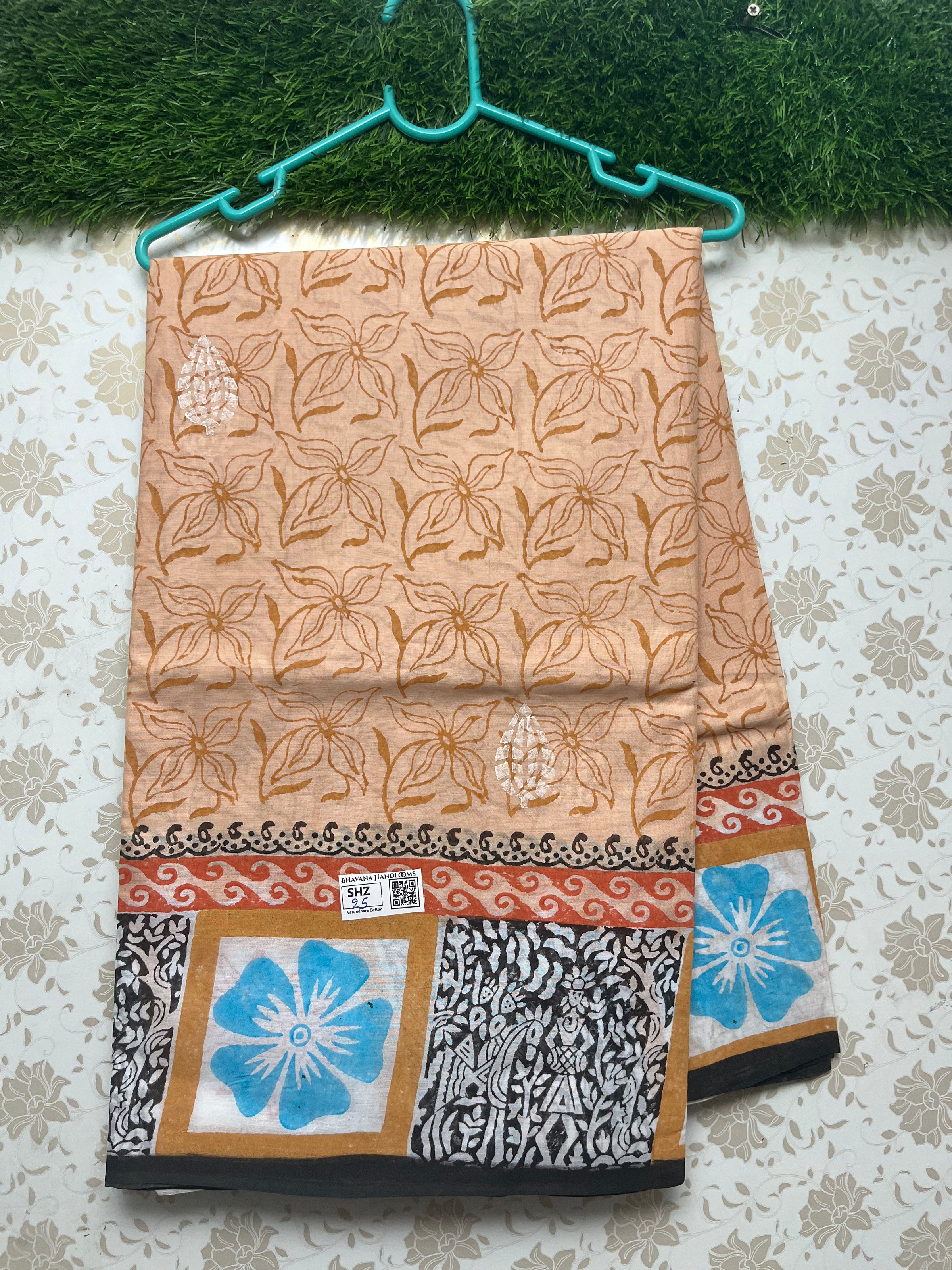 Vasundhara 120count Printed Cotton Saree with Biscuit colour