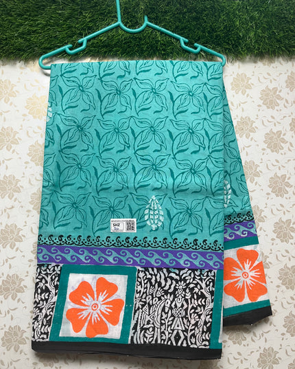 Vasundhara 120count Printed Cotton Saree with Cyan colour