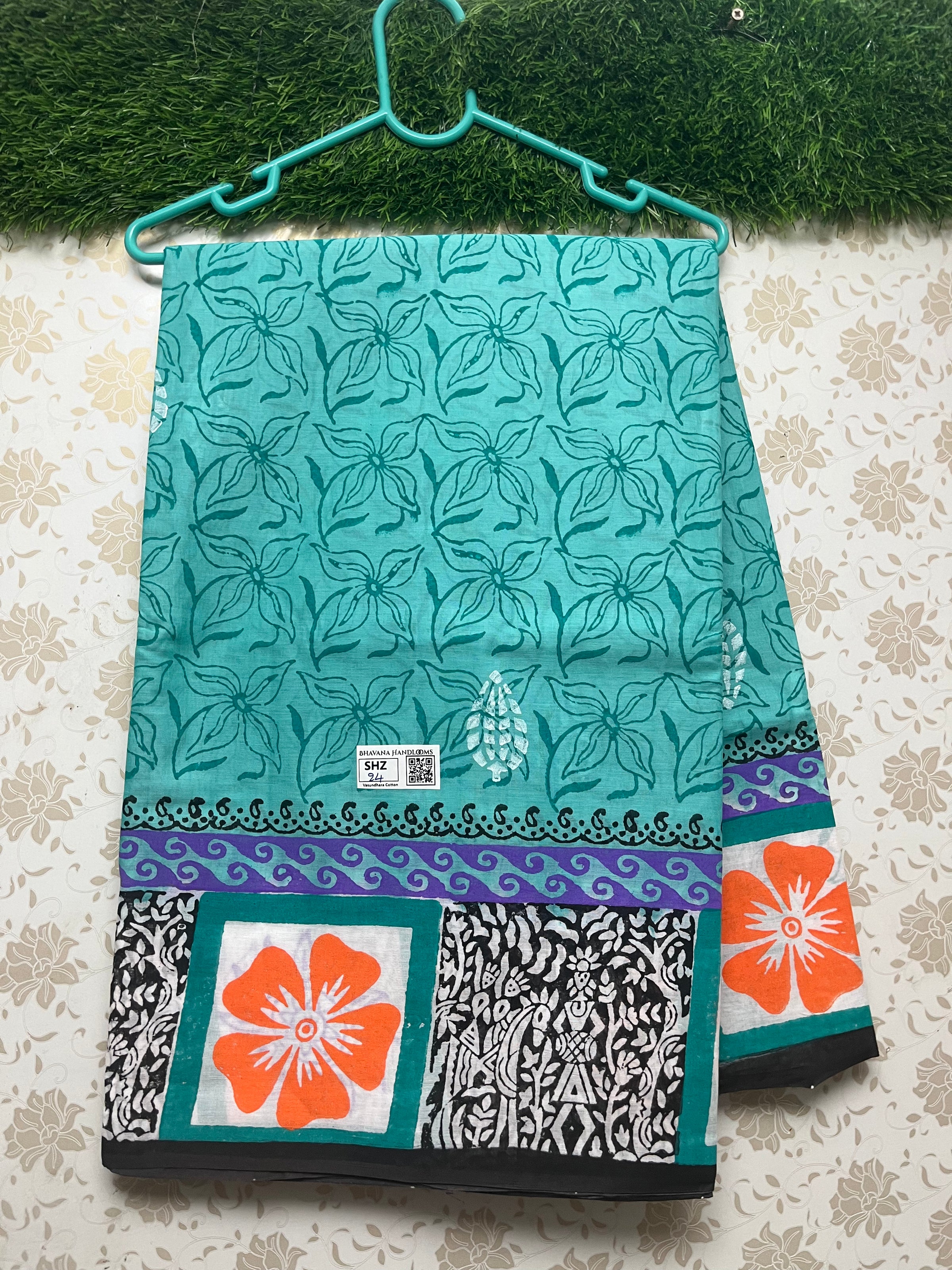 Vasundhara 120count Printed Cotton Saree with Cyan colour