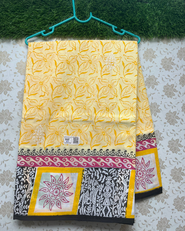 Vasundhara 120count Printed Cotton Saree with Yellow colour