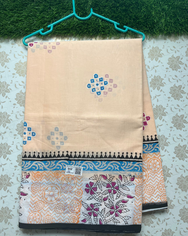 Vasundhara 120count Printed Cotton Saree with Pastel Orange colour